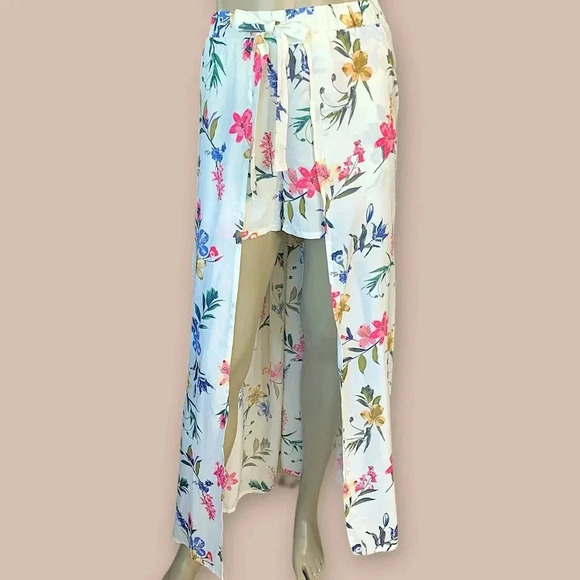 Joe B Tropical Romper Shorts Overlay Open Maxi Skirt Size L Tie Waist Pull On - Picture 2 of 16
